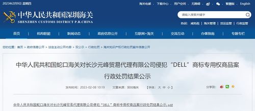 蛇口海关公示对长沙元峰贸易代理有限公司侵犯 DELL 商标专用权商品案行政处罚结果